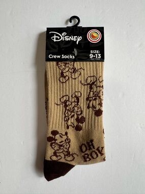 Disney Mickey Mouse Tan Brown Oh Boy Novelty Crew Socks 9-13 NWT